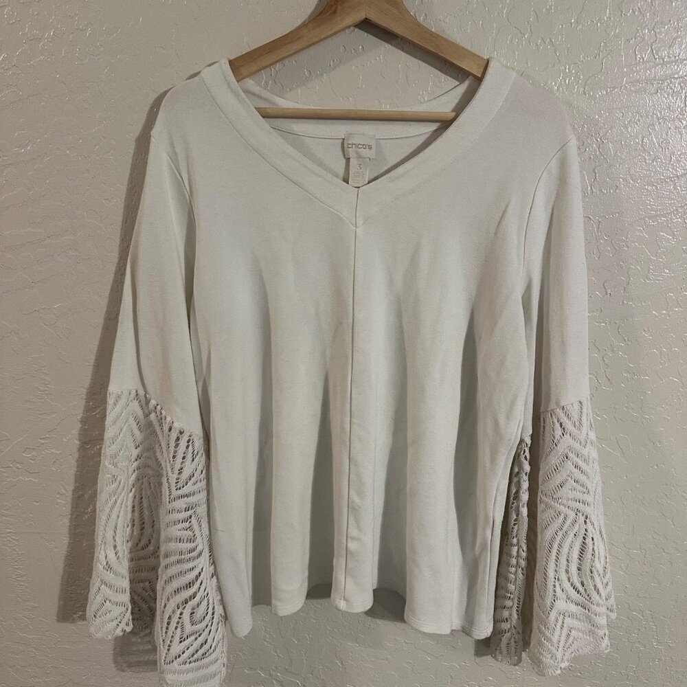 Chico’s Plus Size Ivory Knit Lace V Neck Trumpet Bell Sleeved Sweater Blouse - Picture 2 of 8